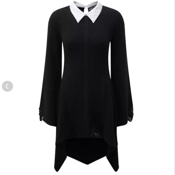 Killstar Dresses & Skirts - Killstar Black Hellda Distressed  Long Sleeve Sweater Dress with White Collar